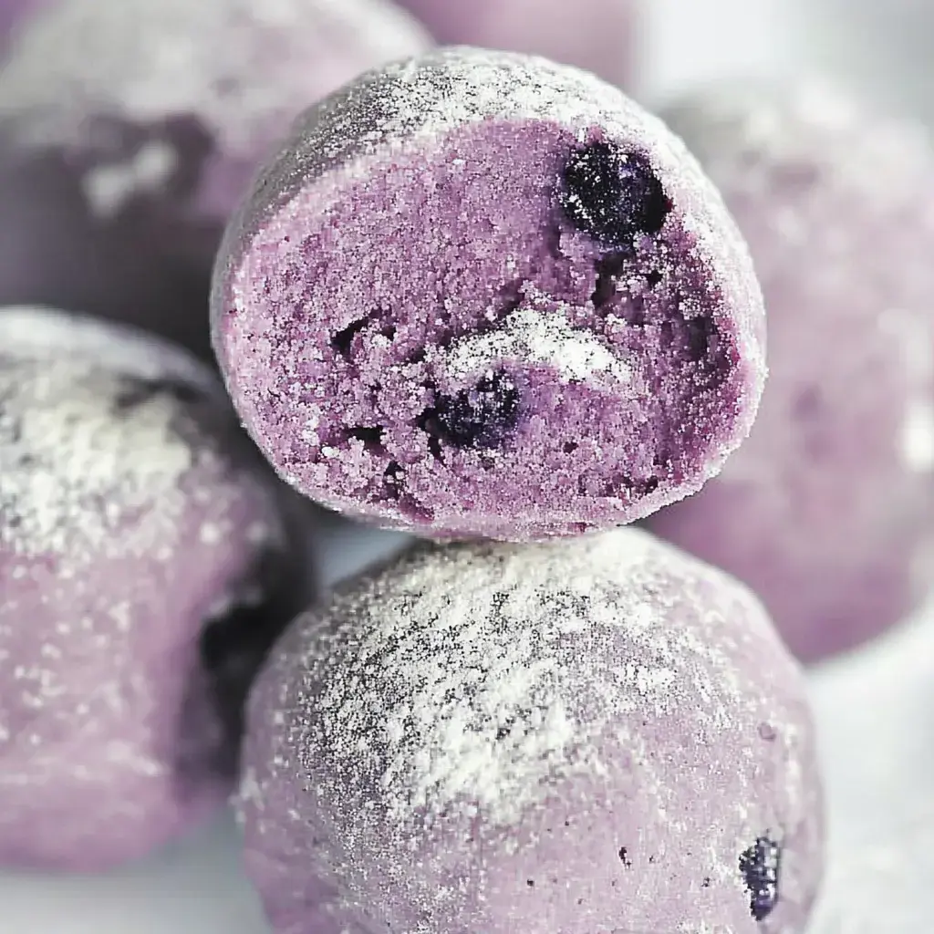 A close-up of purple dessert balls coated in powdered sugar, with one halved to reveal a soft, textured interior containing dark pieces.