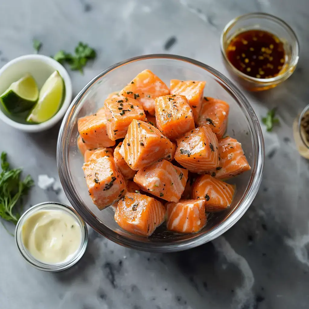 A glass bowl filled with marinated salmon cubes is surrounded by lime wedges, a small bowl of mayonnaise, and a dish of dipping sauce.