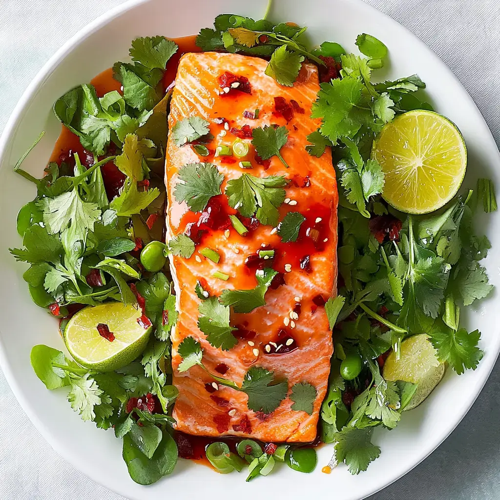 A plate of salmon fillet topped with sauce and fresh herbs, surrounded by greens and lime wedges.