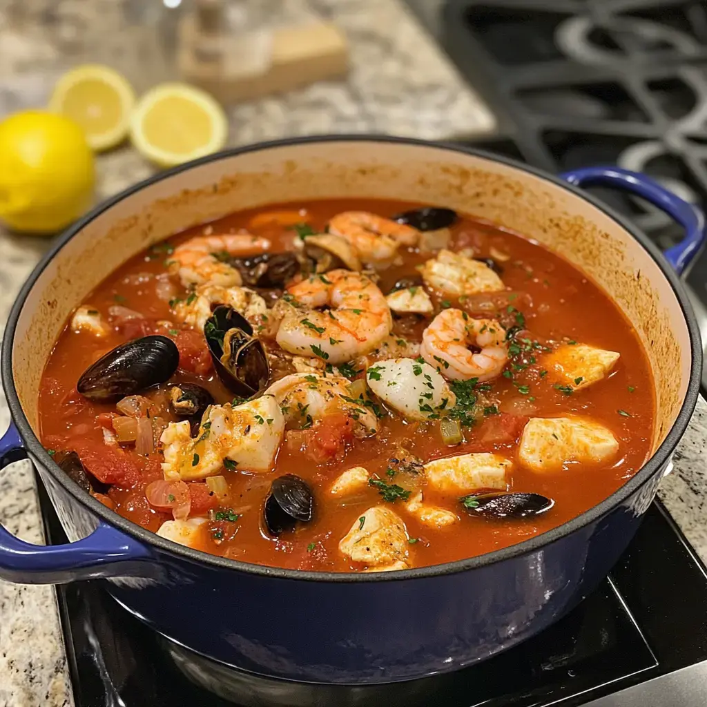 A colorful pot of seafood stew with shrimp, mussels, and fish simmering in a tomato-based sauce, garnished with herbs, and accompanied by lemon halves in the background.