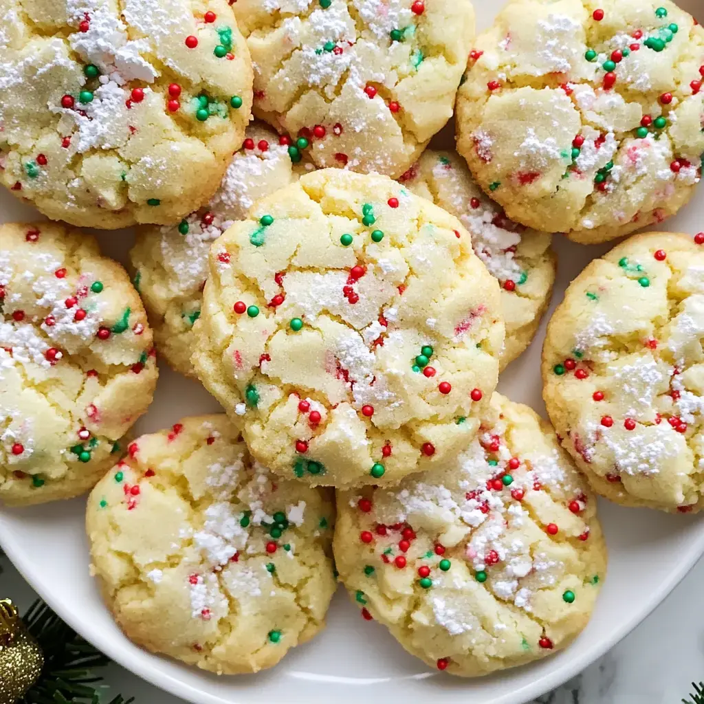 A close-up of festive cookies topped with red and green sprinkles and powdered sugar, arranged on a white plate.