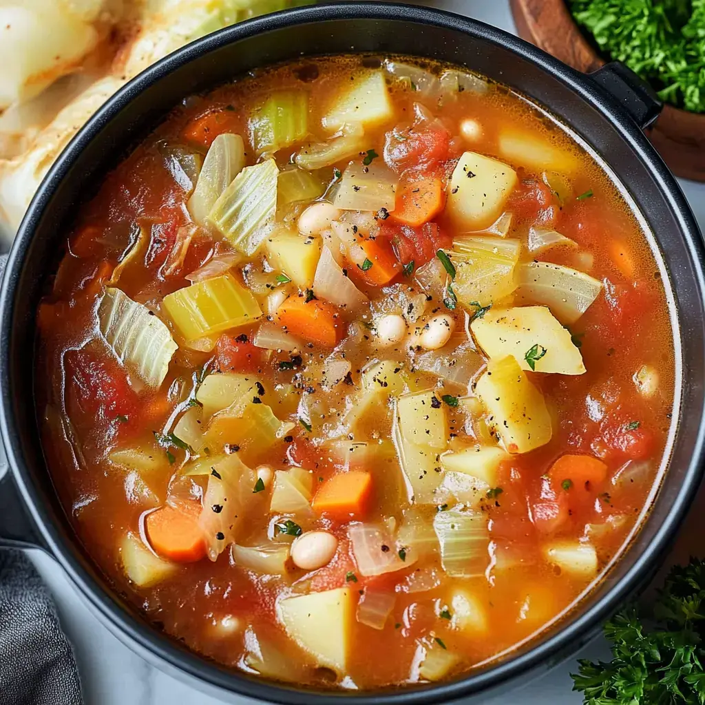 A close-up of a pot of hearty vegetable soup with potatoes, carrots, celery, and beans in a rich broth.