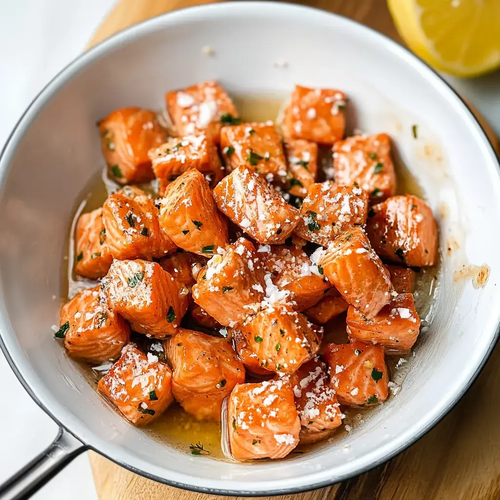 A bowl of diced, cooked salmon pieces garnished with herbs and a sprinkle of cheese, served in a light sauce, with a lemon half nearby.