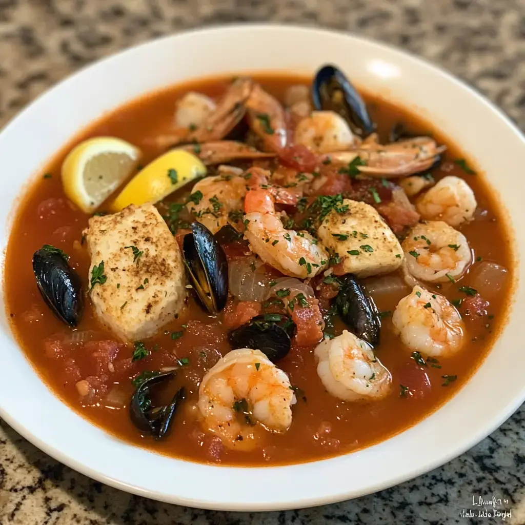 A bowl of seafood stew featuring shrimp, mussels, and fish, garnished with parsley and lemon slices, served in a rich tomato broth.