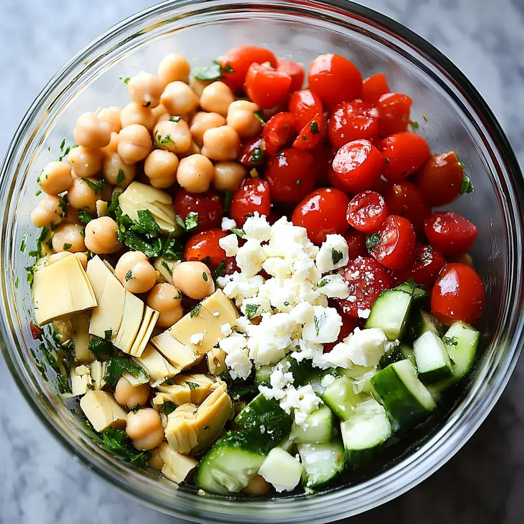 A glass bowl filled with a colorful salad containing chickpeas, cherry tomatoes, cucumber, artichokes, and crumbled feta cheese, garnished with herbs.