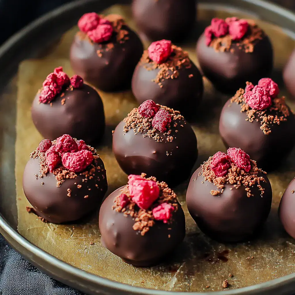 A tray of chocolate-coated dessert balls topped with crushed raspberries and cocoa powder.