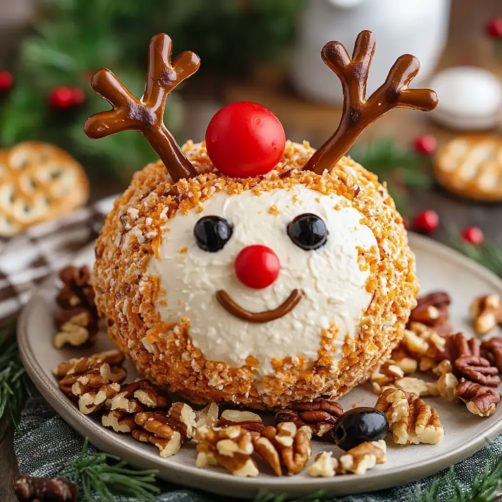 A festive cheese ball shaped like a reindeer, decorated with pretzel antlers, a red nose, and surrounded by nuts and snacks.