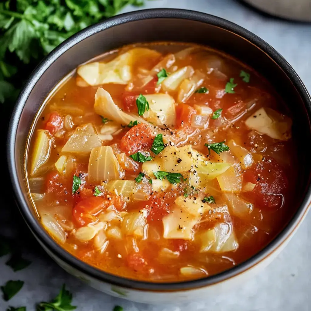 A close-up of a bowl of vegetable soup featuring diced tomatoes, cabbage, and herbs, garnished with parsley.