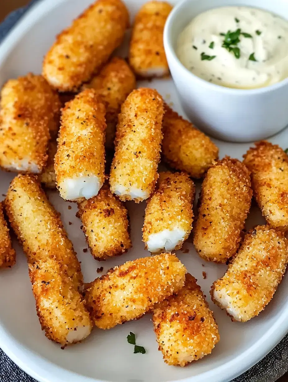 A plate of crispy, golden-brown breaded cheese sticks accompanied by a small bowl of creamy dipping sauce.