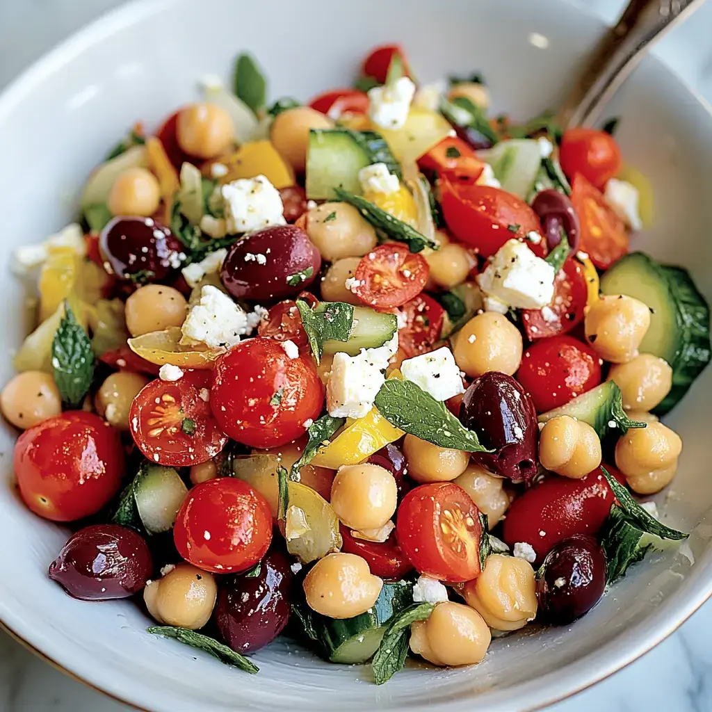 A colorful salad featuring cherry tomatoes, cucumbers, bell peppers, chickpeas, olives, feta cheese, and fresh herbs.