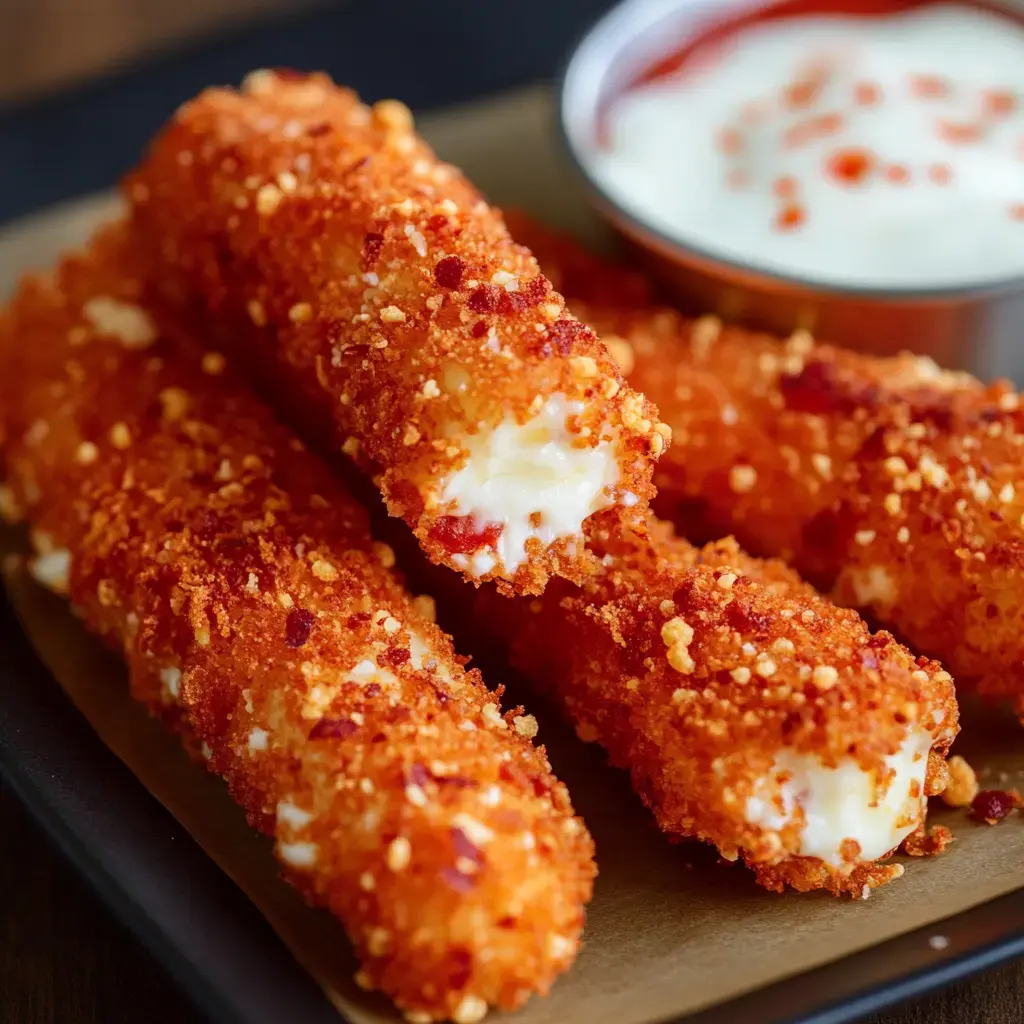 A plate of crispy, golden-brown mozzarella sticks served with a small bowl of dipping sauce.