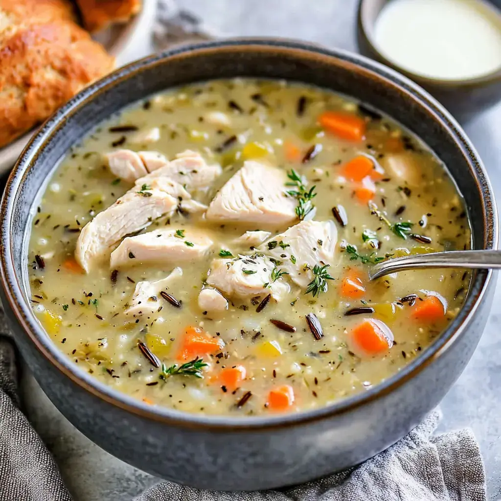 A bowl of creamy chicken soup with chunks of chicken, vegetables, and herbs, accompanied by a silver spoon.