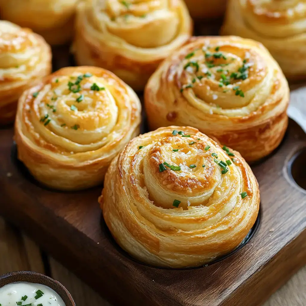 A close-up view of golden, spiral-shaped pastry rolls topped with chopped chives, displayed on a wooden board.