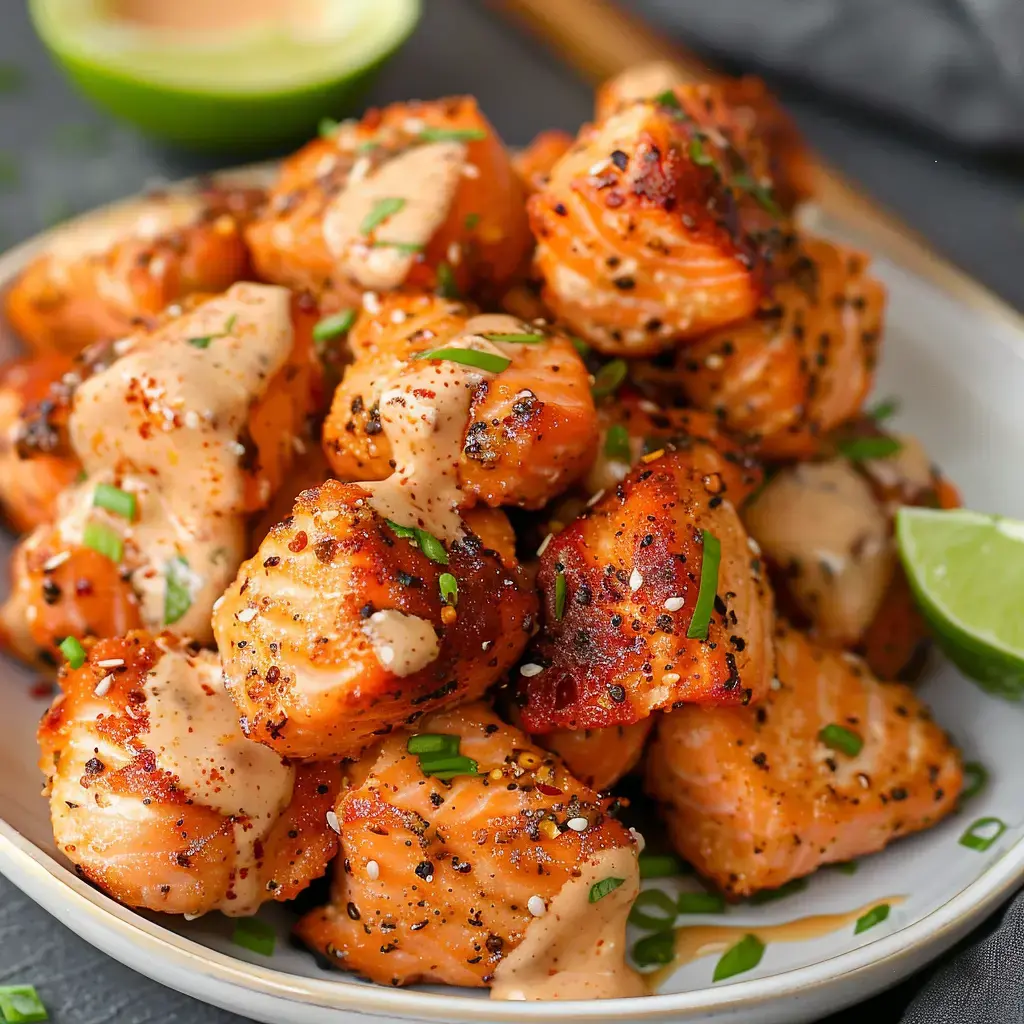 A close-up of grilled salmon bites drizzled with a creamy sauce and garnished with chopped green onions and lime wedges.