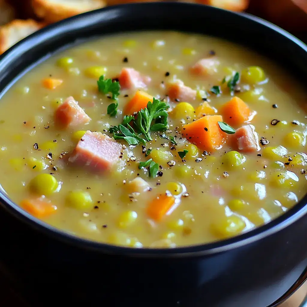 A black bowl of split pea soup garnished with diced ham, carrots, and herbs, accompanied by toasted bread in the background.