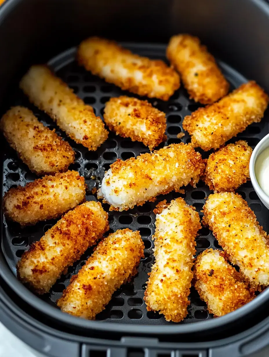 A variety of golden-brown breaded cheese sticks are arranged in an air fryer basket, with a small bowl of dipping sauce nearby.