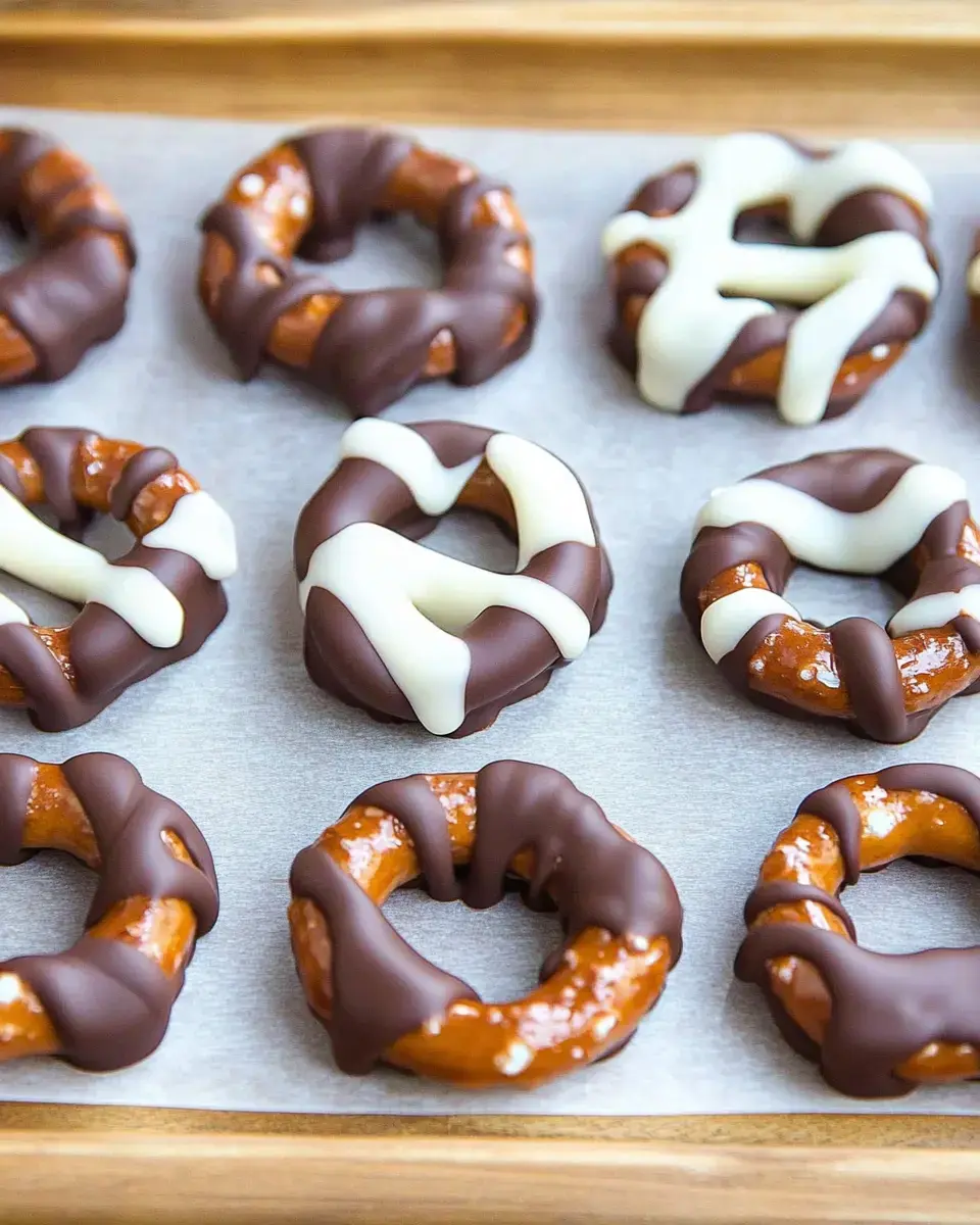 A variety of chocolate and white chocolate-dipped pretzel rings are arranged on a tray lined with parchment paper.