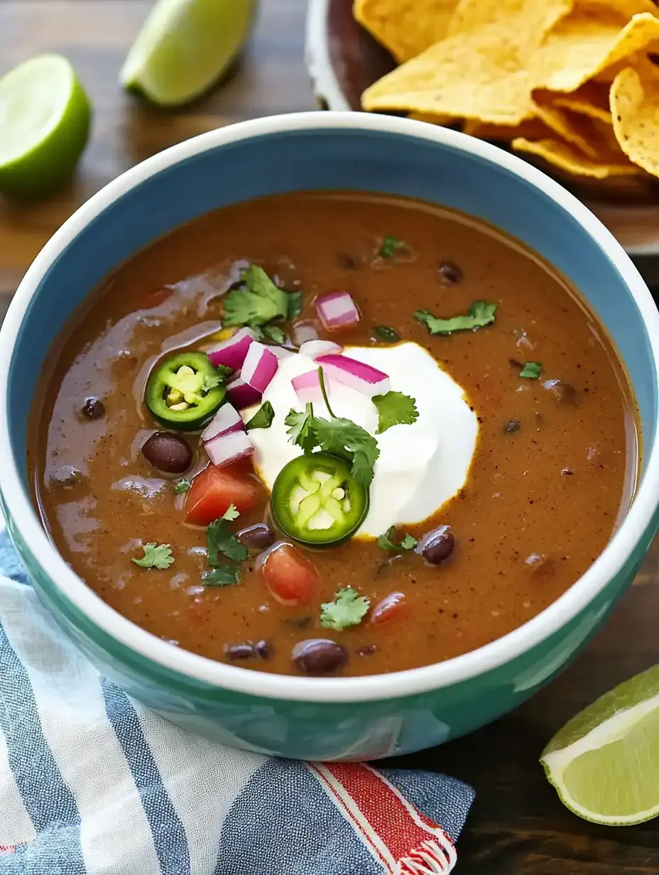 A bowl of black bean soup topped with sour cream, diced tomatoes, jalapeños, onions, and cilantro, accompanied by lime wedges and tortilla chips.