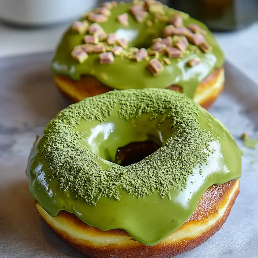 A close-up image of two green-glazed donuts, one topped with pieces of candy and the other dusted with matcha powder.