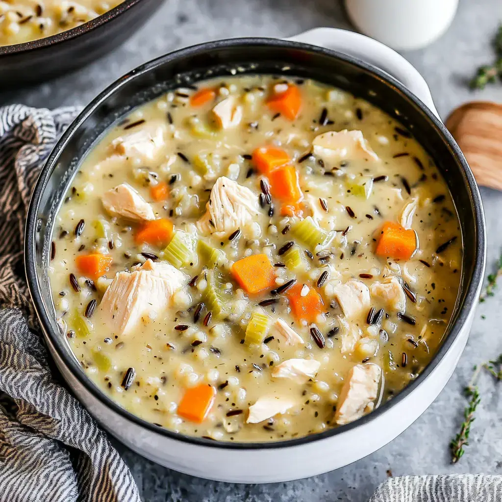 A close-up of a bowl of creamy chicken and wild rice soup, featuring chunks of chicken, carrots, and celery in a rich broth.