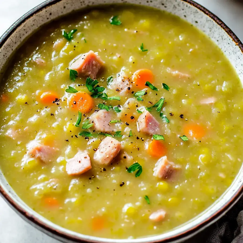 A bowl of green split pea soup with diced ham, carrots, and parsley, garnished with black pepper.