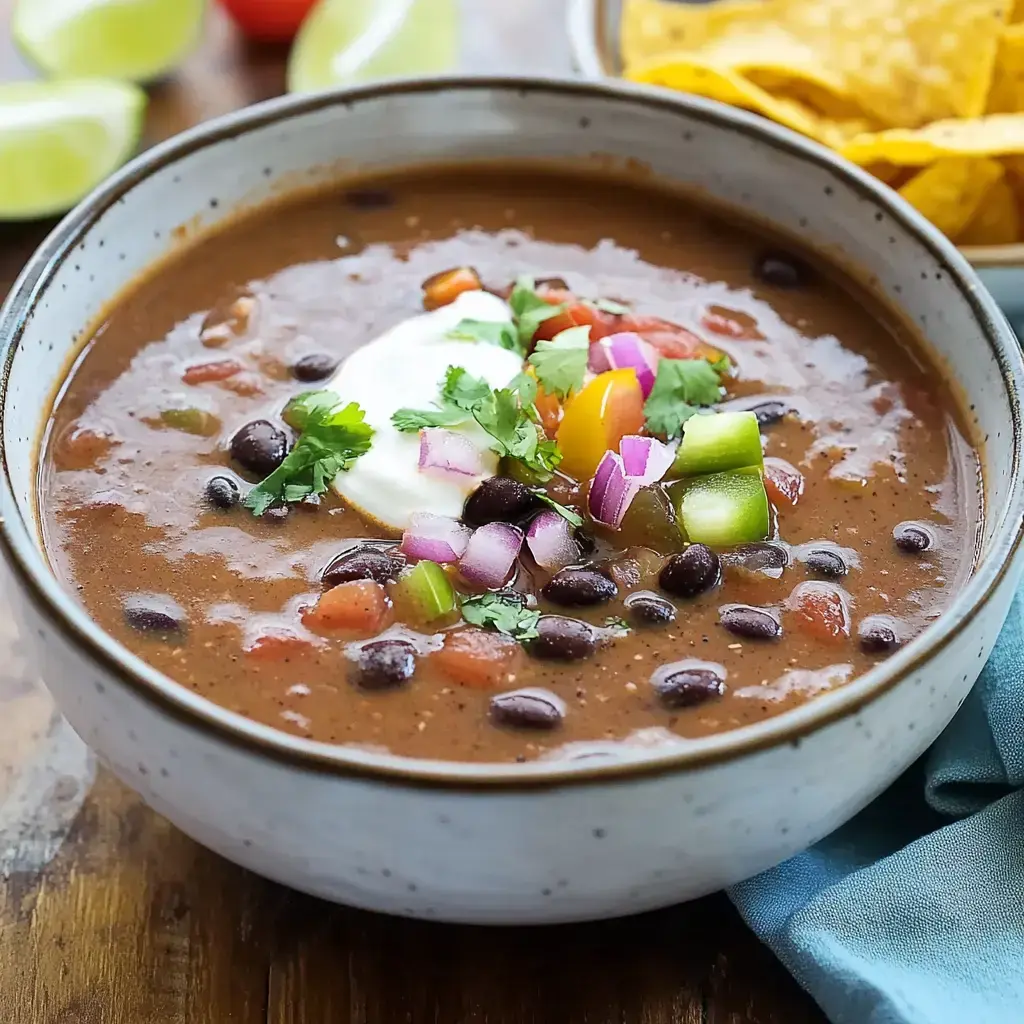 A bowl of black bean soup topped with sour cream, diced tomatoes, onions, green peppers, and cilantro, alongside a dish of tortilla chips.