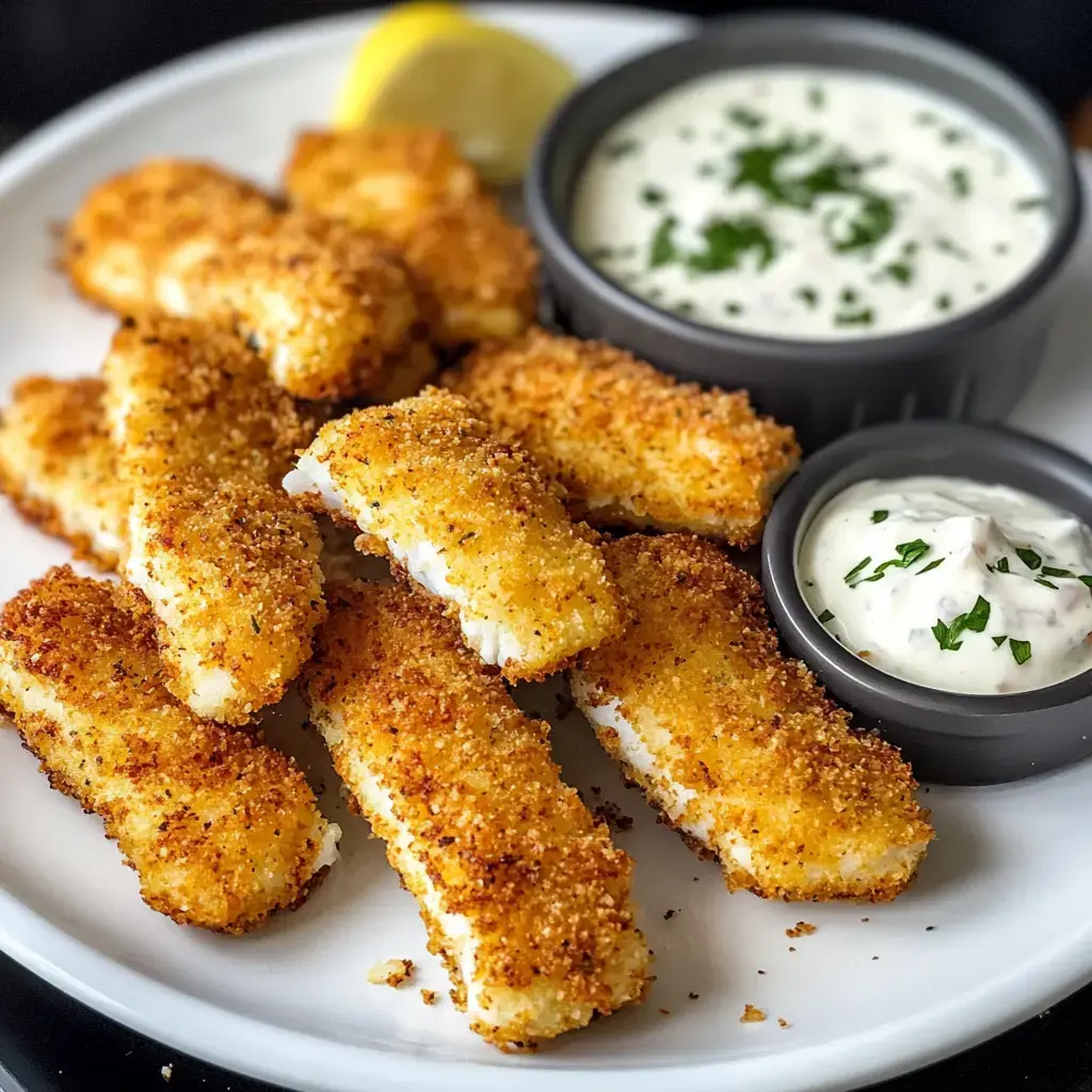 A plate of golden-brown breaded fish fillets served with two bowls of dipping sauces and a lemon wedge.