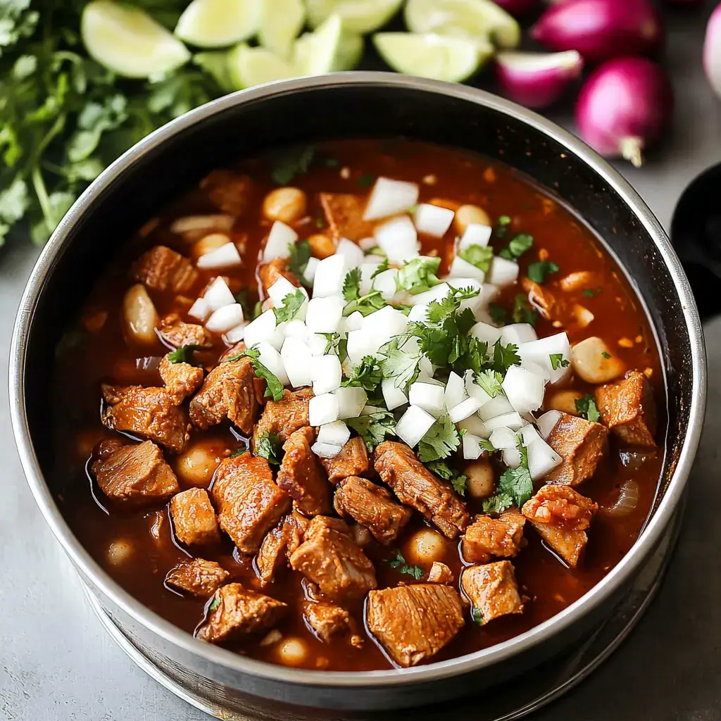 A hearty bowl of stew featuring chunks of meat, diced onions, and fresh cilantro, with lime slices and red onions in the background.