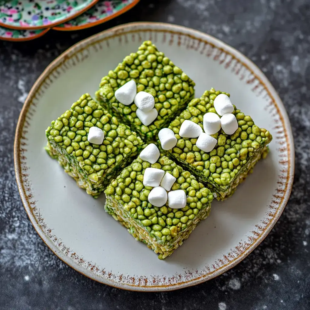 A plate of four square green desserts topped with small white marshmallows.