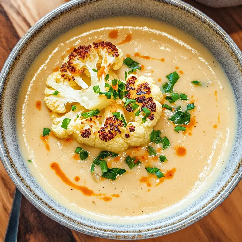 A bowl of creamy soup topped with a grilled cauliflower slice and garnished with chopped green onions and a drizzle of sauce.