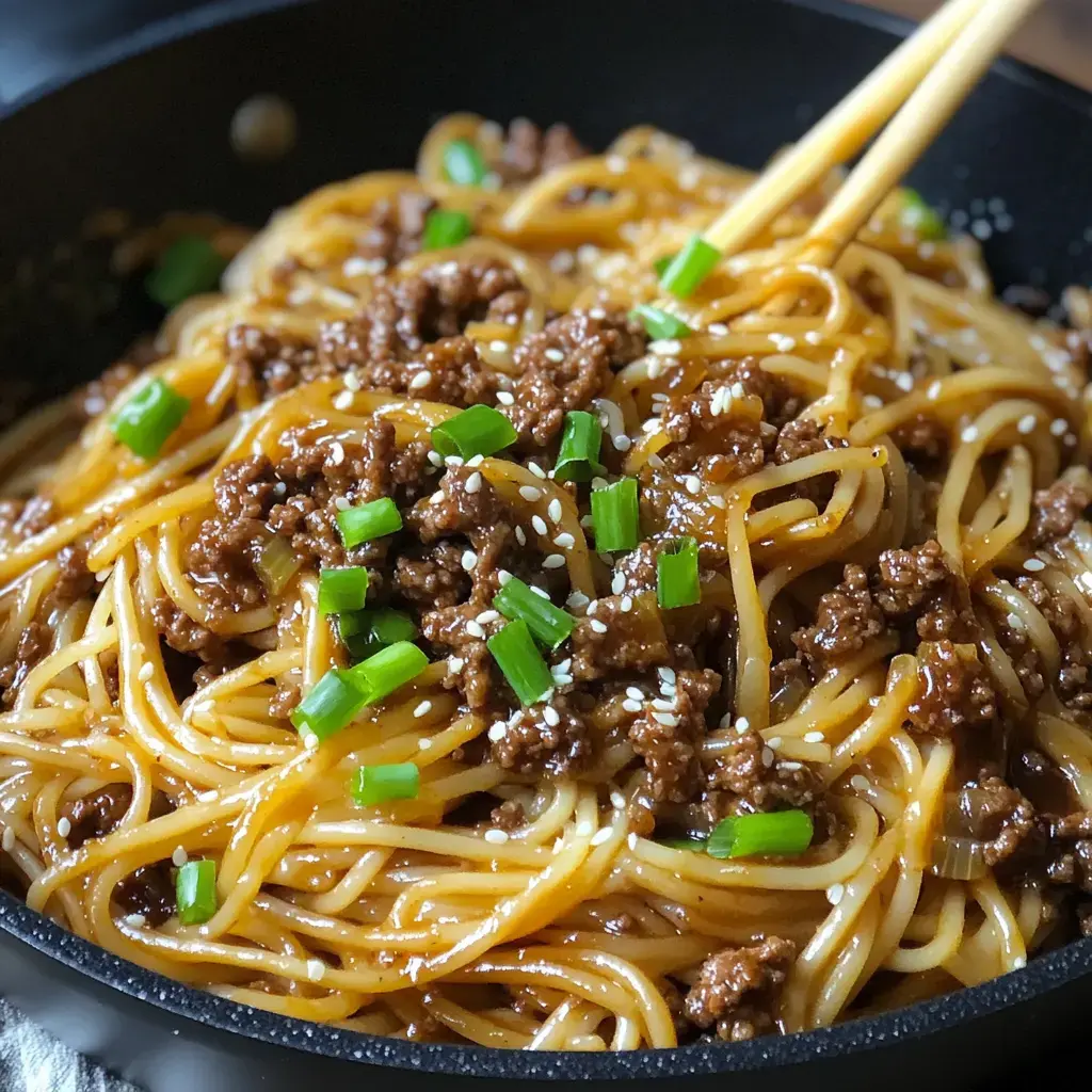 A close-up of a bowl of noodles topped with ground meat, green onions, and sesame seeds.