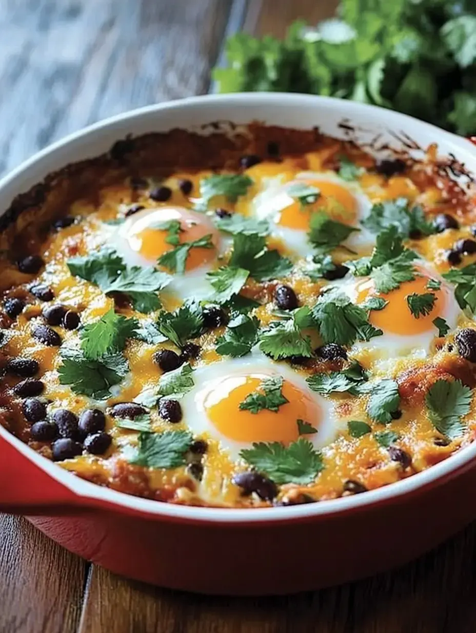 A baked dish featuring eggs, black beans, and cheese, topped with fresh cilantro, served in a red casserole dish.