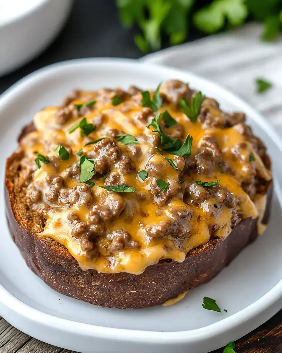 A hearty dish featuring ground beef and melted cheese topped with chopped parsley, served on a slice of bread.