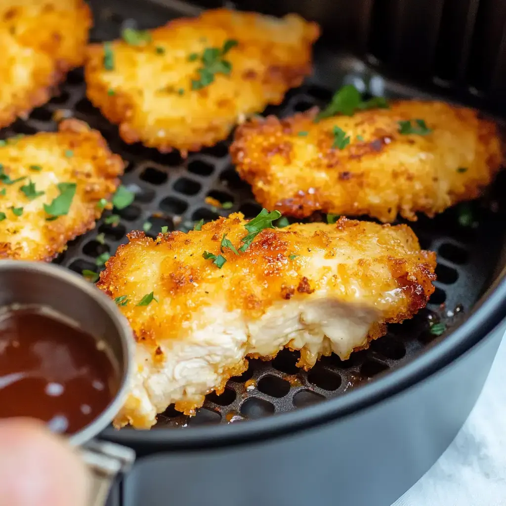 Crispy, breaded chicken tenders are arranged in an air fryer basket, garnished with parsley, alongside a small cup of dipping sauce.