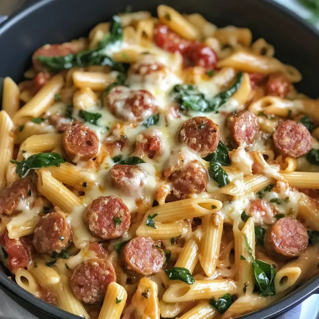 A close-up of a pasta dish featuring penne noodles, sausage slices, spinach, and melted cheese in a dark bowl.