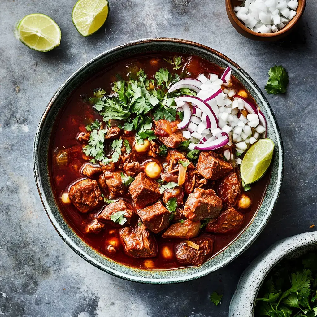 A bowl of stew featuring tender chunks of meat, garnished with cilantro, onions, and lime wedges, set against a textured gray background.