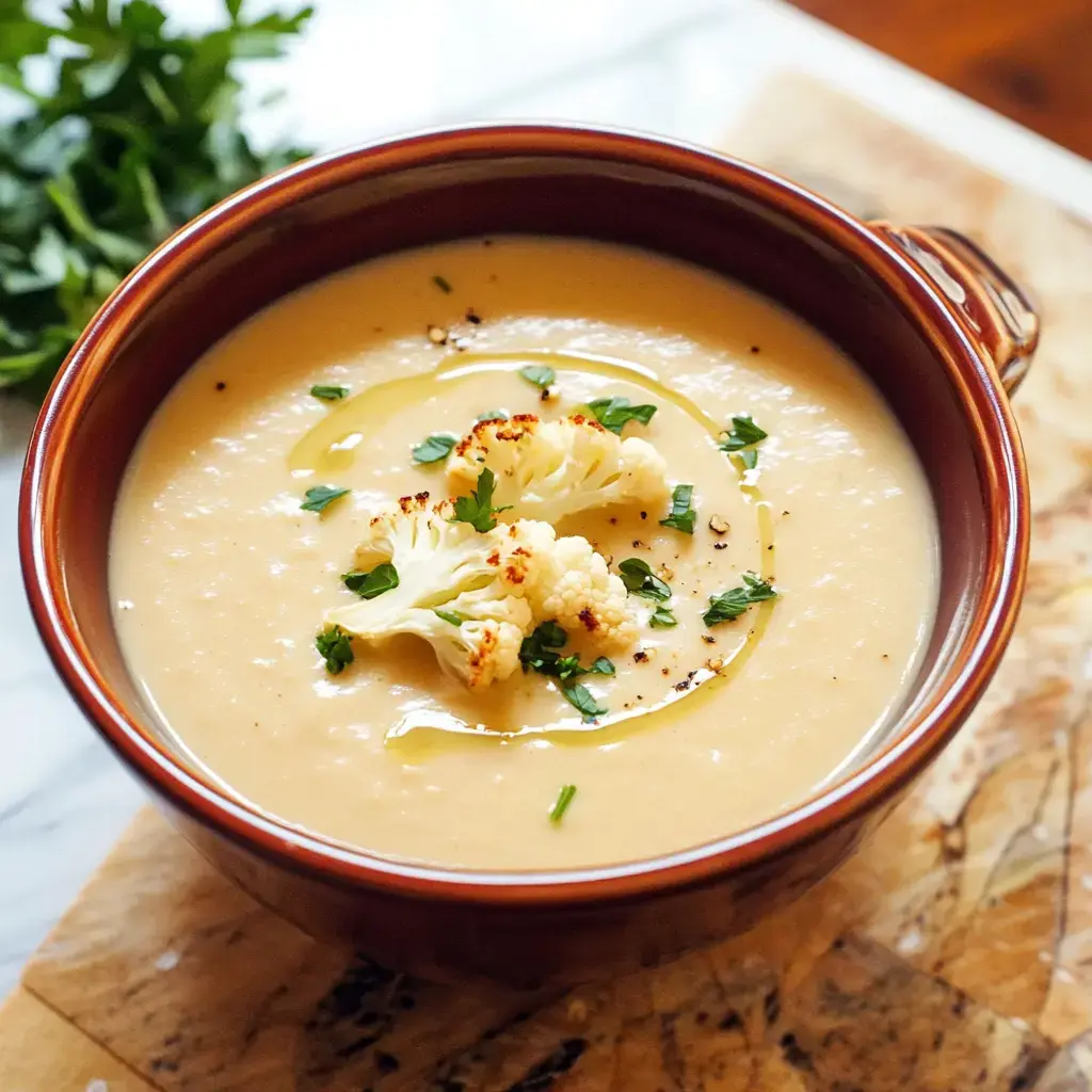 A bowl of creamy cauliflower soup garnished with roasted cauliflower florets, herbs, and a drizzle of olive oil.