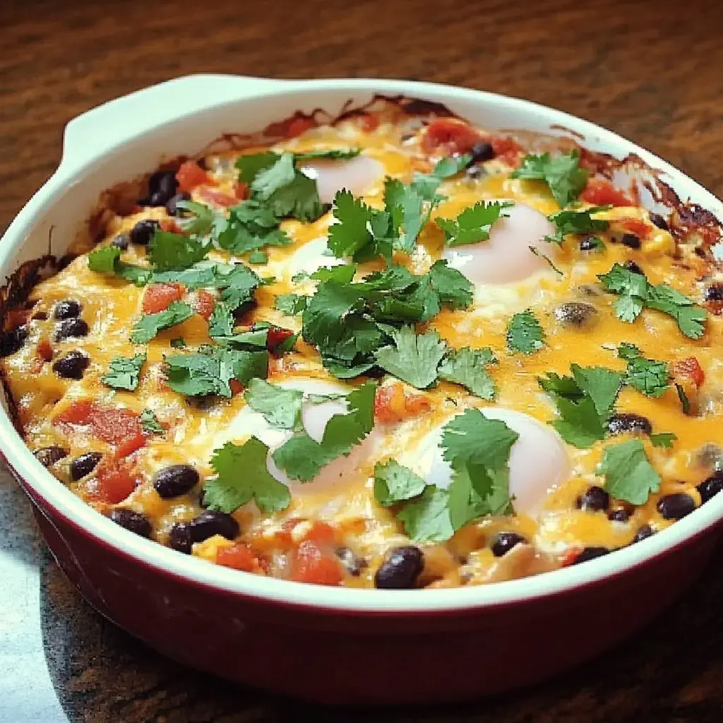 A baked dish featuring eggs, black beans, cheese, tomatoes, and cilantro in a white and red dish.