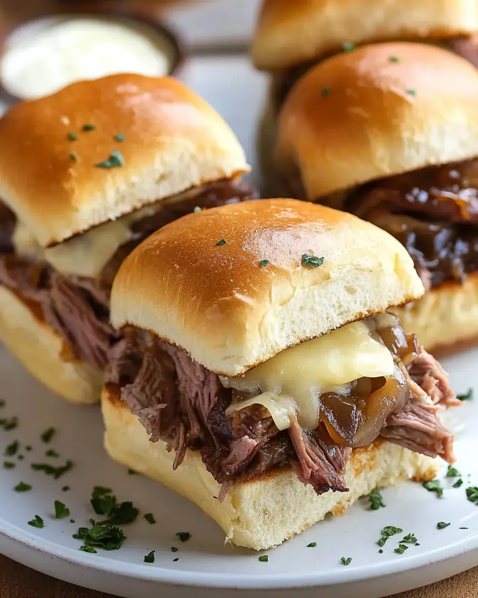 A plate of delicious sliders filled with tender pulled beef, melted cheese, and sautéed onions, garnished with parsley.