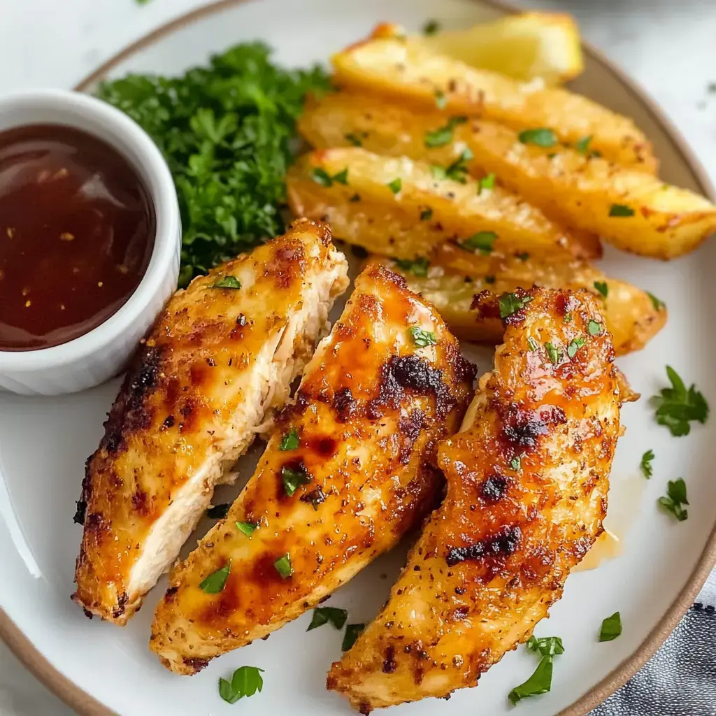 A plate of grilled chicken tenders with a side of roasted potato wedges, parsley, and a small bowl of barbecue sauce.