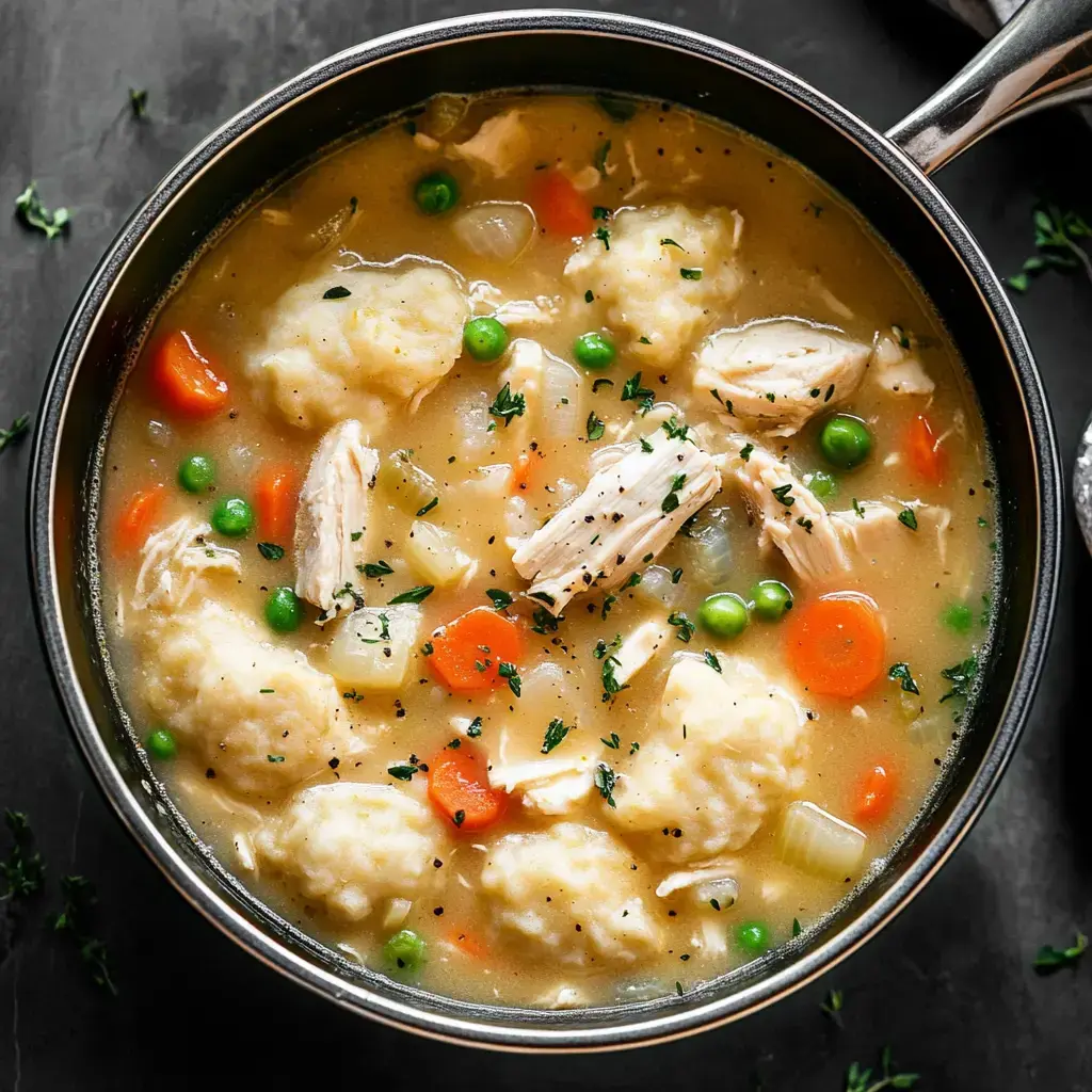 A bowl of chicken and dumpling soup with shredded chicken, vegetables, and herbs in a savory broth.