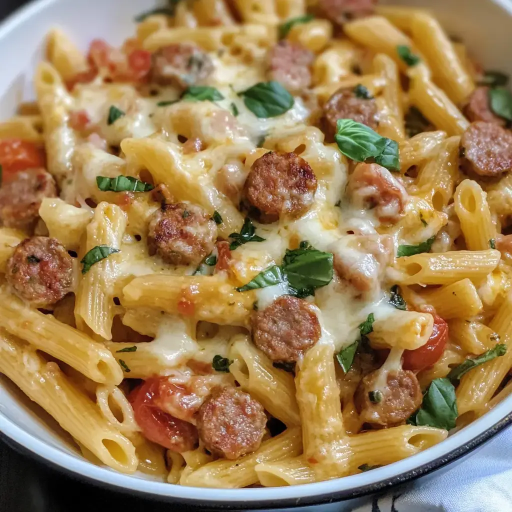 A close-up of a bowl of pasta with sausage, cherry tomatoes, melted cheese, and fresh basil.