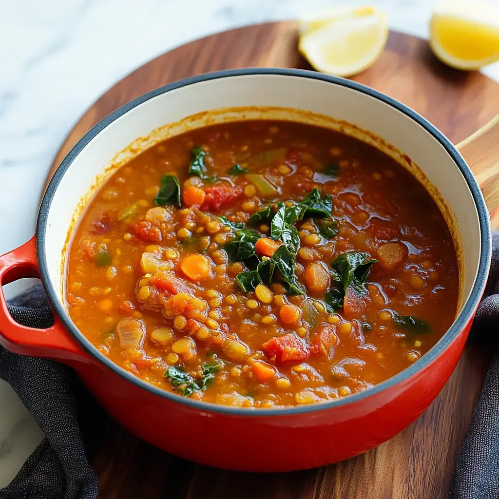 A bowl of vibrant lentil soup with vegetables and greens, placed on a wooden serving board, with lemon wedges in the background.