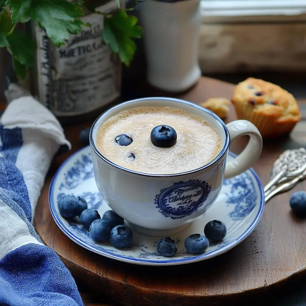 A cup of coffee topped with blueberries, surrounded by more blueberries, a muffin, and a cloth napkin on a wooden surface.