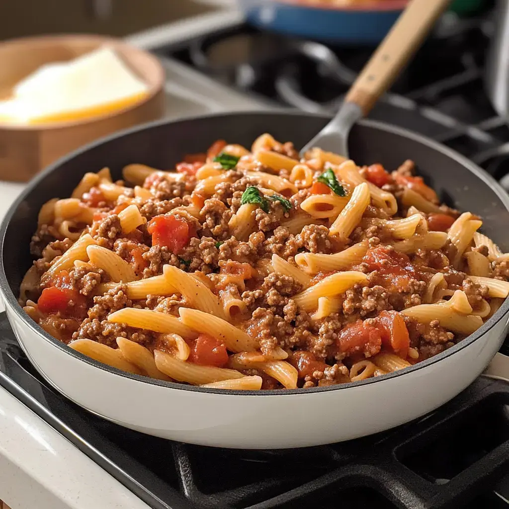 A skillet with cooked penne pasta mixed with ground beef, tomato sauce, and green herbs sits on a stovetop.