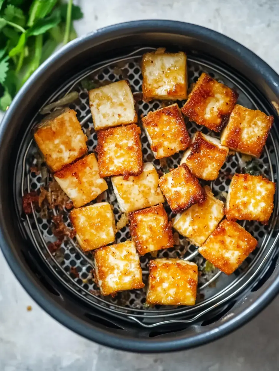 A close-up view of golden-brown, crispy tofu cubes arranged in a steamer basket, with green herbs visible nearby.