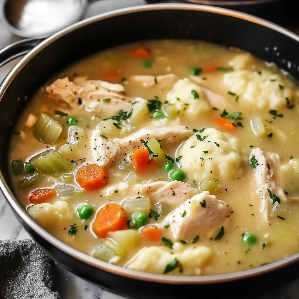 A close-up view of a bowl of creamy chicken and vegetable soup, featuring chunks of chicken, carrots, peas, celery, and fluffy dumplings, garnished with herbs.