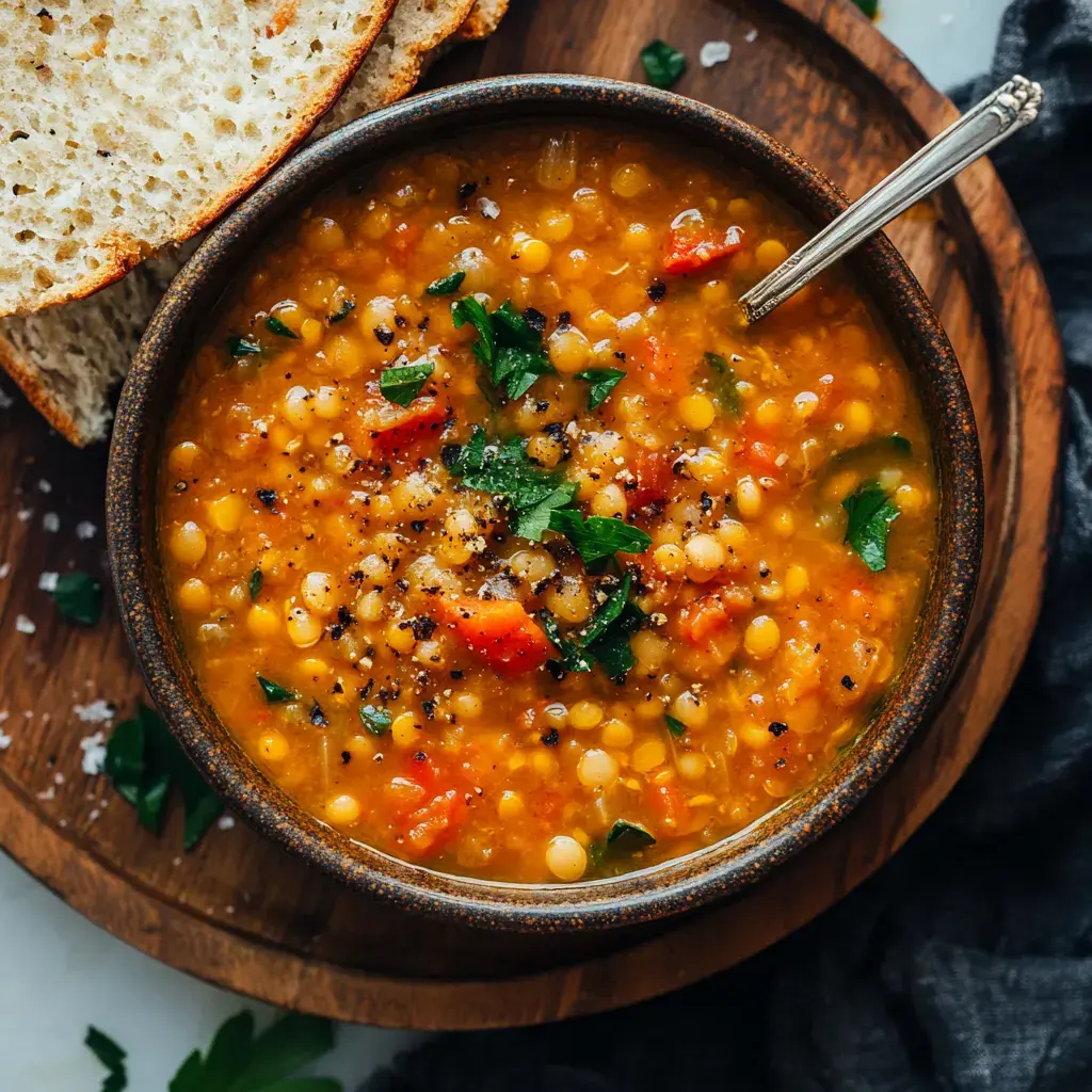 A bowl of hearty lentil soup garnished with chopped herbs and diced tomatoes, accompanied by slices of bread on a wooden plate.