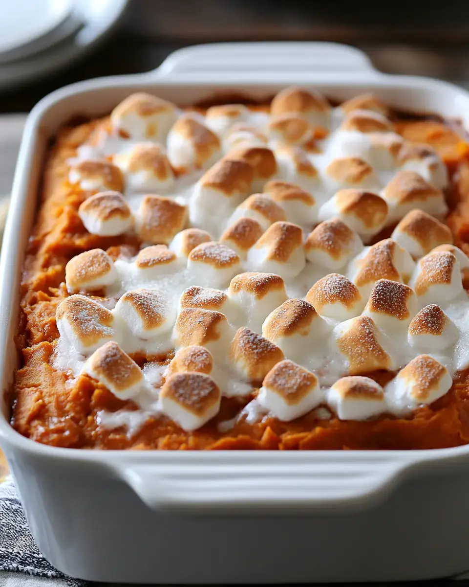 A creamy sweet potato casserole topped with toasted marshmallows in a white baking dish.