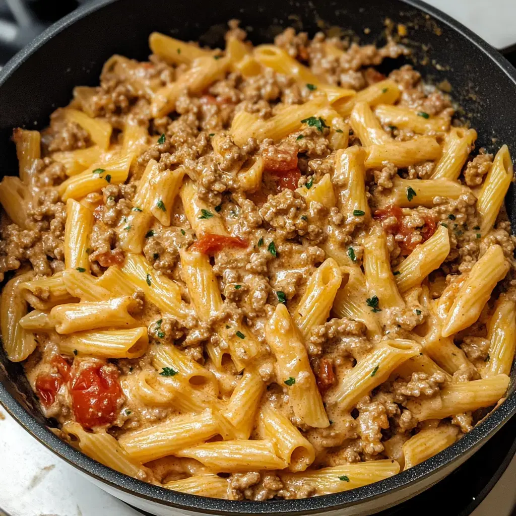 A close-up view of a skillet filled with creamy penne pasta mixed with ground meat and diced tomatoes, garnished with parsley.